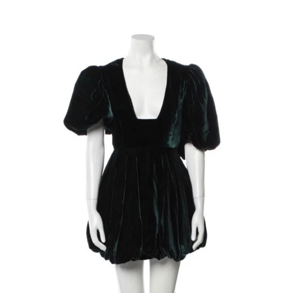 Emerald Green Velvet Bubble Hem Puff Sleeve Mini Dress Small